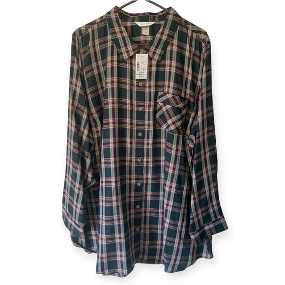 CJ Banks NWT Dark Green/Burgundy Plaid Button Up - Picture 1 of 10